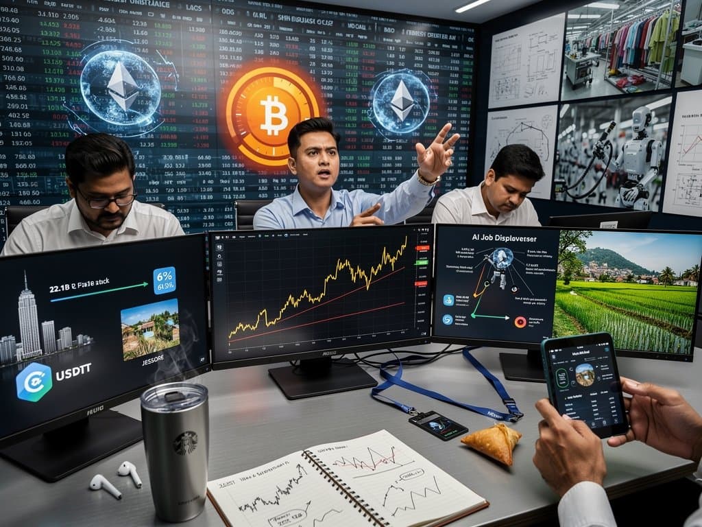 AI data center screens show job displacement graphs, Bangladesh remittance maps, and crypto transfers amid global finance visuals