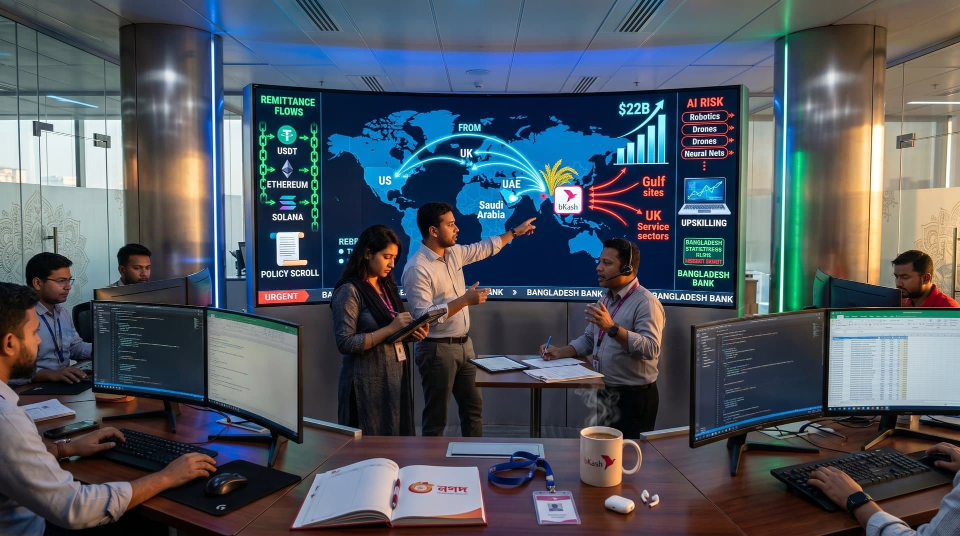AI job disruption dashboard maps Bangladesh remittance flows with blockchain tech elements