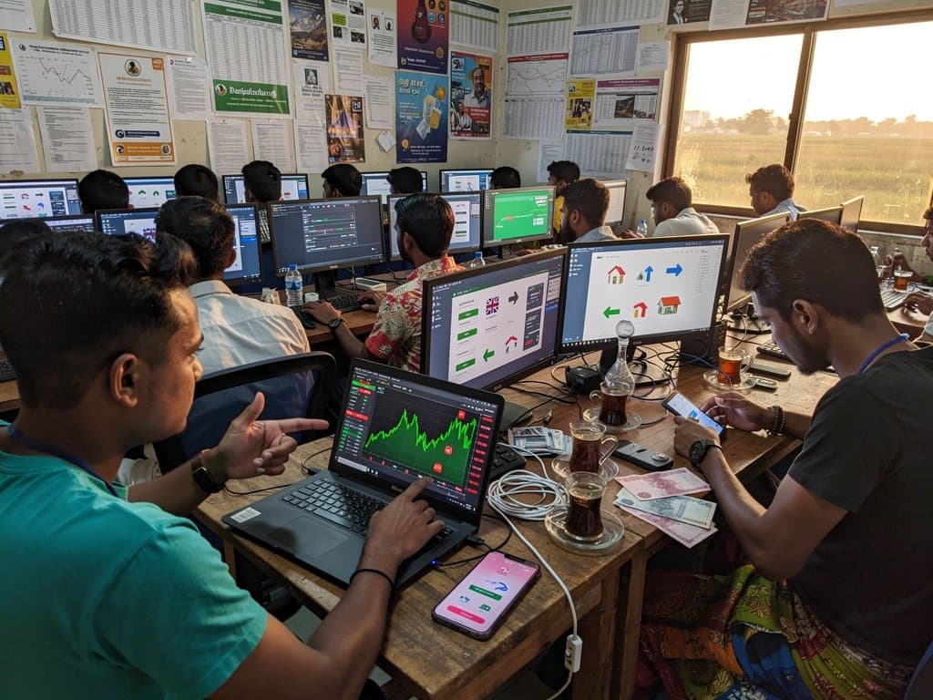 Jessore cyber cafe with screens showing BTC at $77,210, Fear & Greed 26, bKash P2P trades amid rising charts