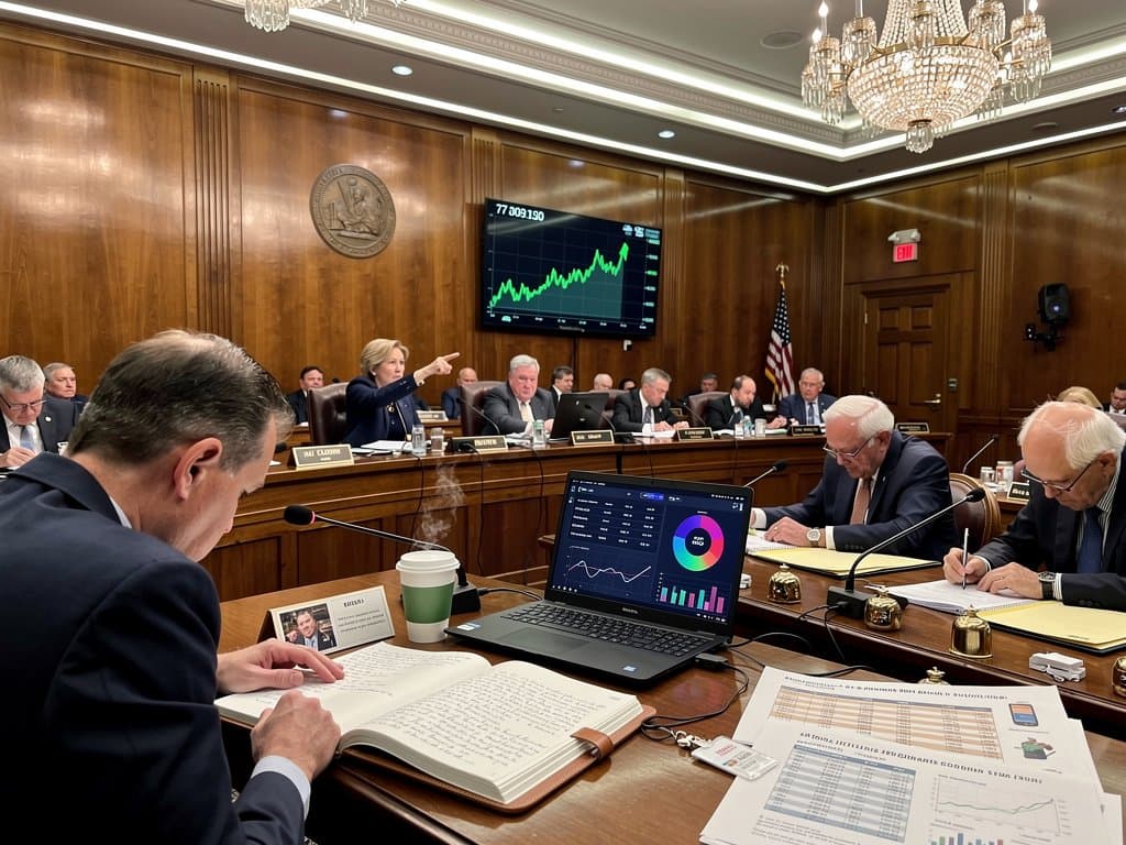 US Senate hearing room with crypto charts, documents, and Bangladesh remittance maps under dynamic lighting