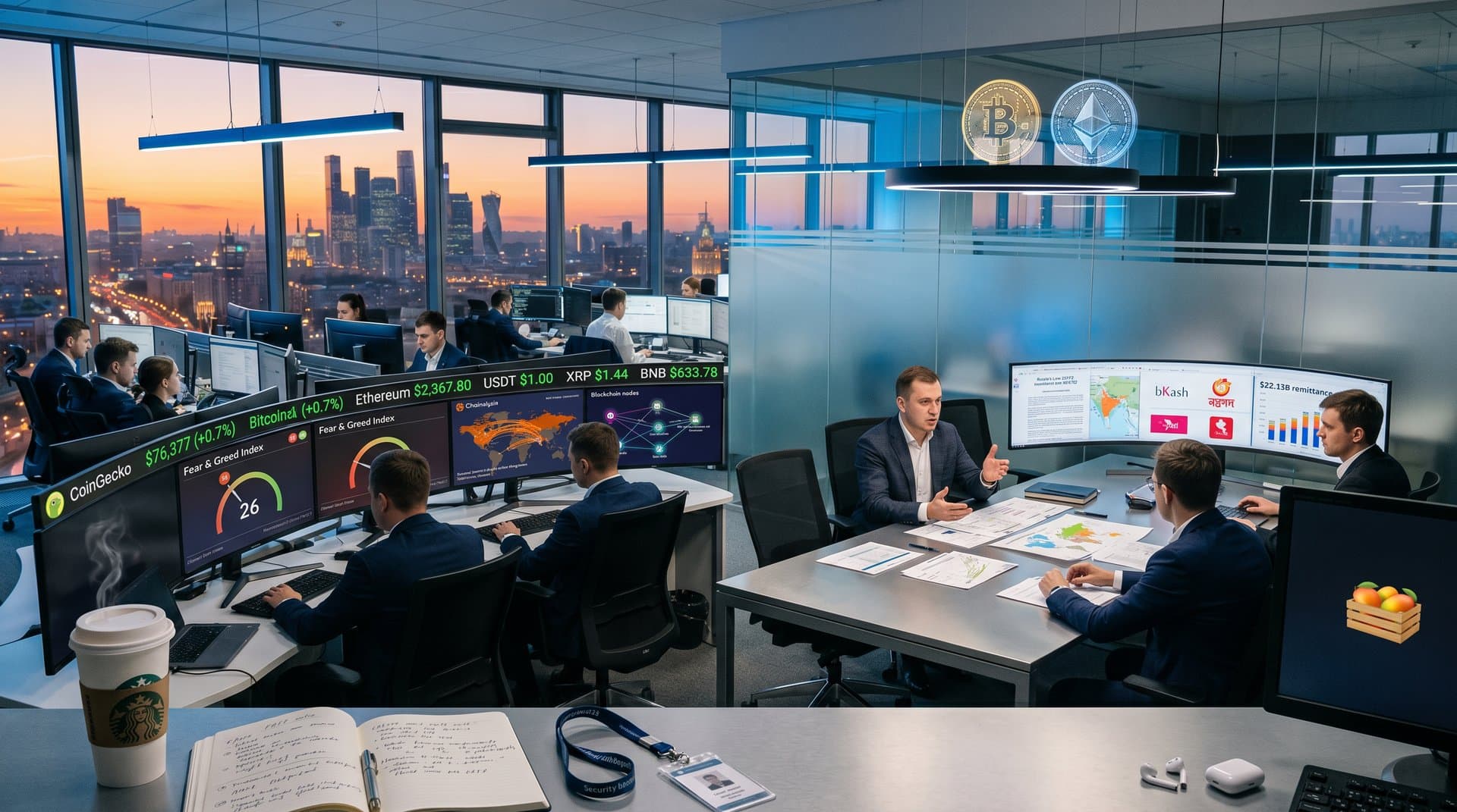 Analysts review crypto charts and Russia's law documents in a high-tech compliance office
