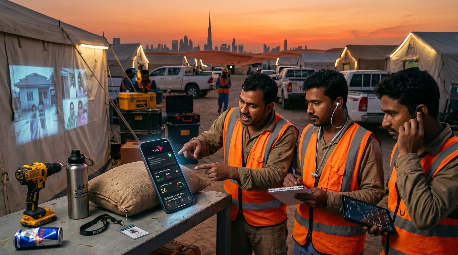 UAE desert smartphone screen shows bKash remittances, Gaza crypto probe news, Bitcoin $76K amid Jessore ties