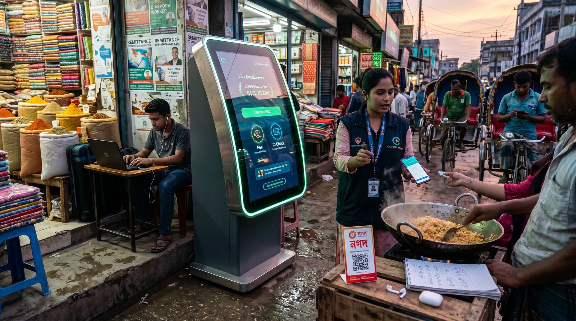 Crypto kiosk in Jessore market shows BTC charts and regulations amid remittance flows