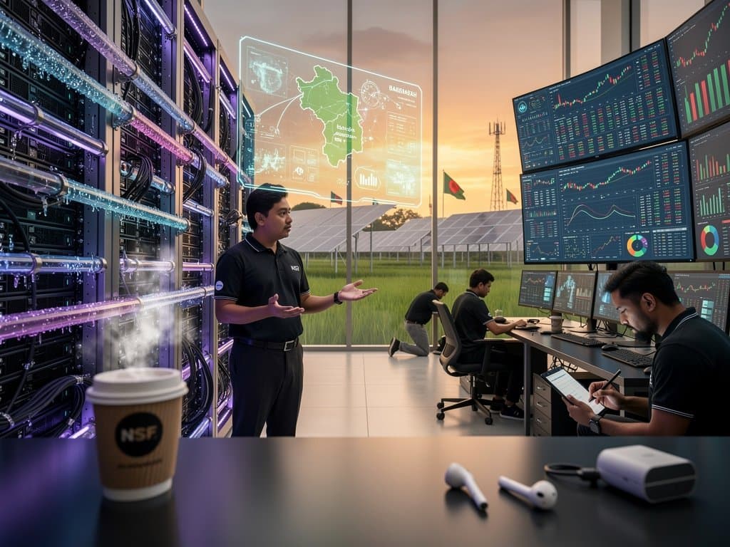 Glowing AI server racks and webinar screens in modern NSF data center with crypto charts and Bangladesh infrastructure diagrams