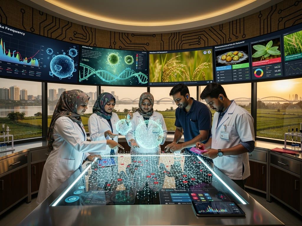 Bangladesh biotech team analyzes ancient-genome study data with AI tools in Dhaka lab, featuring crop genomics and health visuals