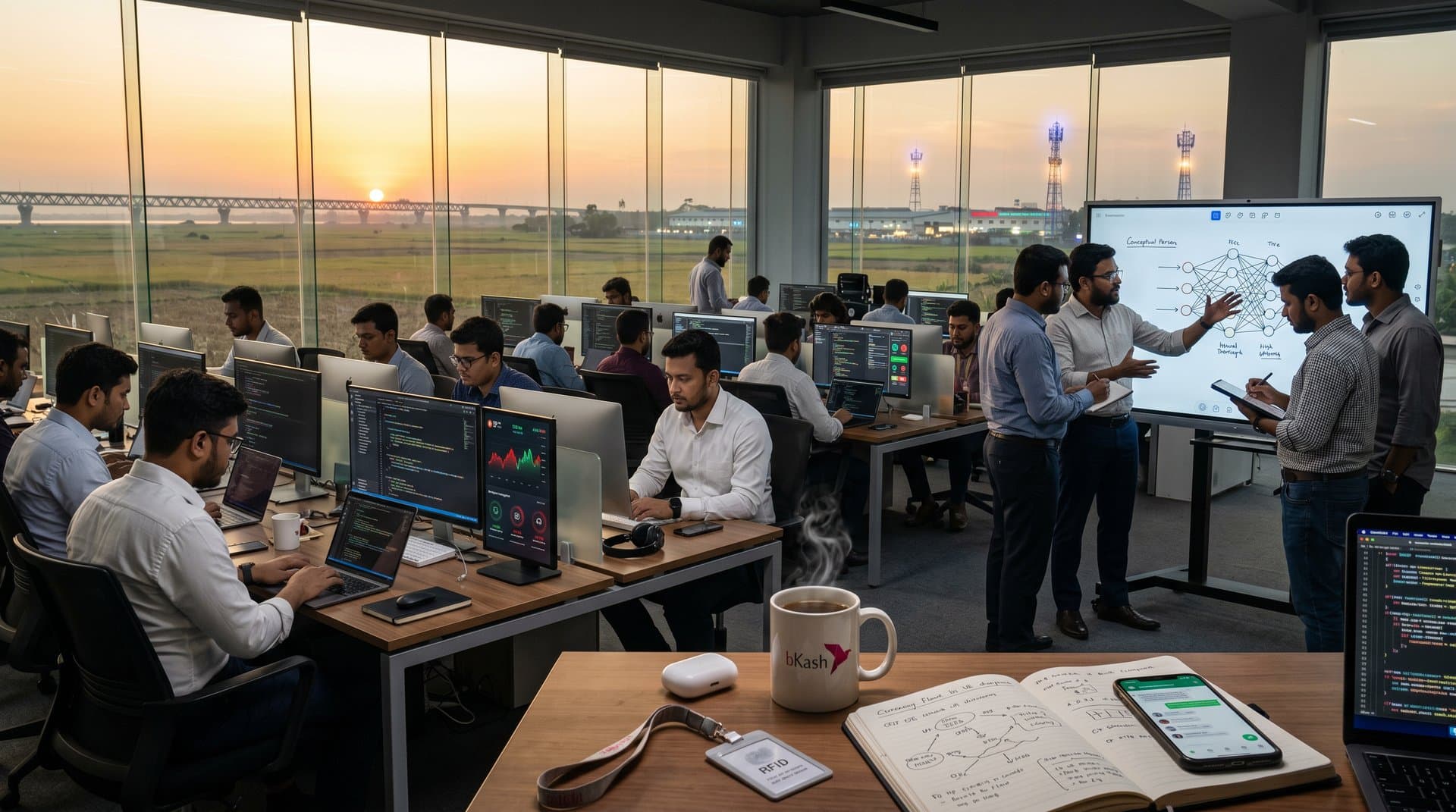 AI lab team analyzes remittance maps, BTC charts, and finance UIs with Dhaka skyline view