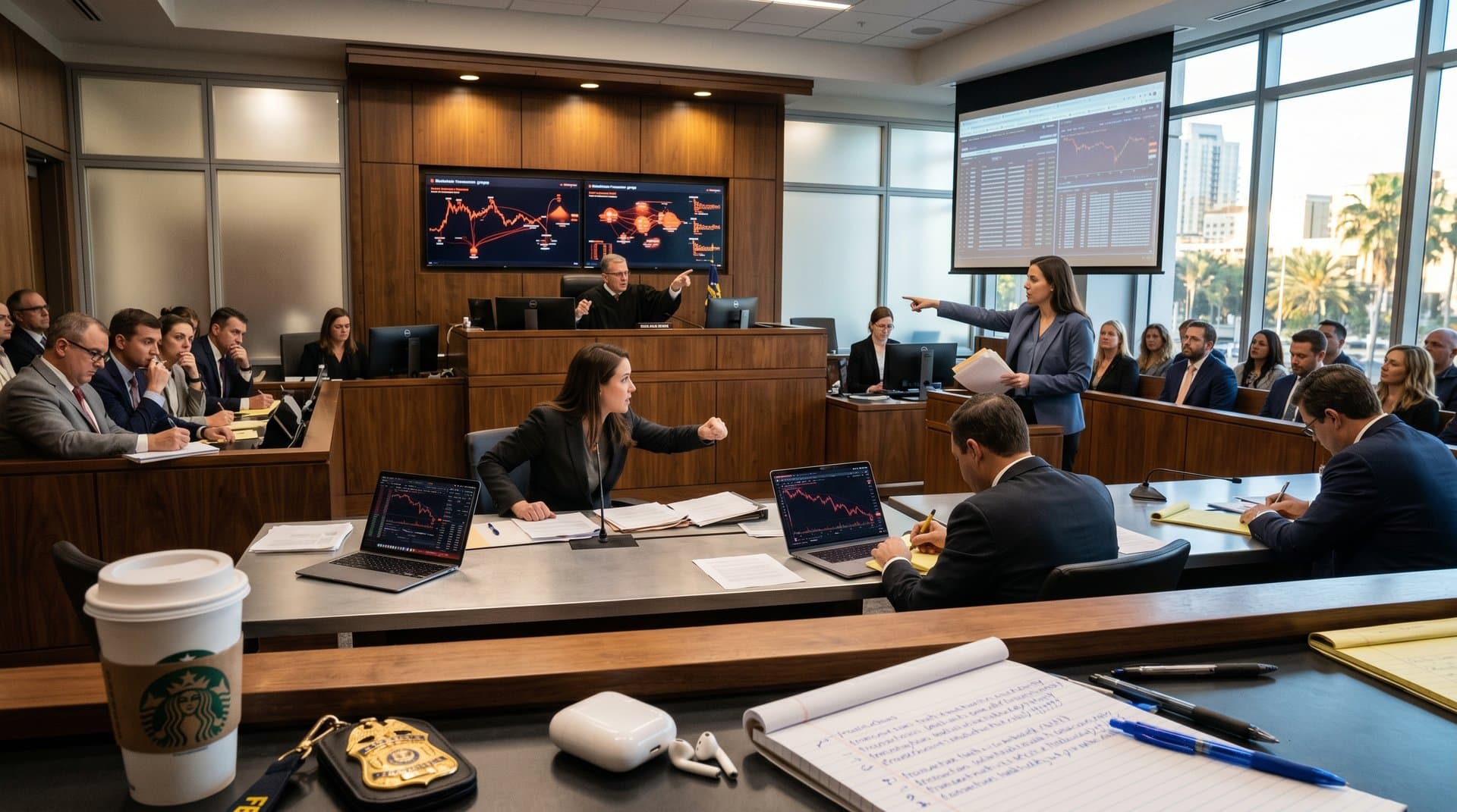 Modern empty US courtroom with monitors showing blockchain graphs and financial screens during crypto fraud case