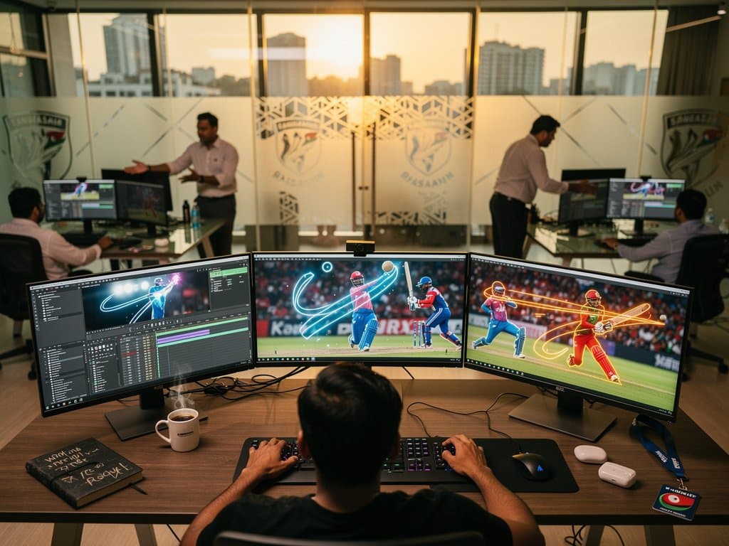Abstract high-tech editing suite with Kdenlive screens showing AI cricket segmentation overlays, modern monitors, production desk, and Dhaka skyline backdrop