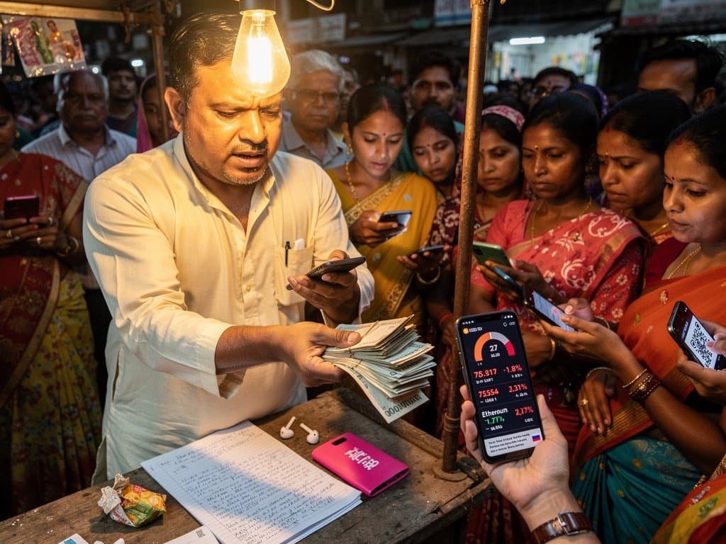 Jessore market traders check falling crypto prices and Russia prison sentence news on phones amid remittance bustle