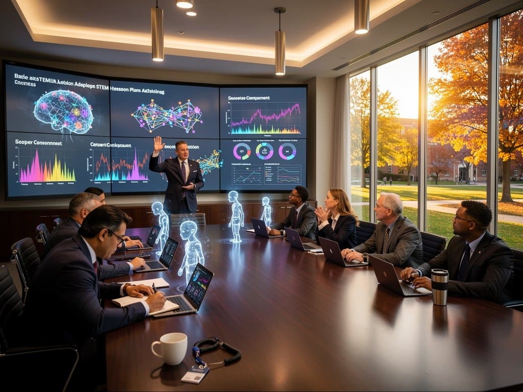 University trustees review AI learning dashboards in boardroom with tech displays and campus view