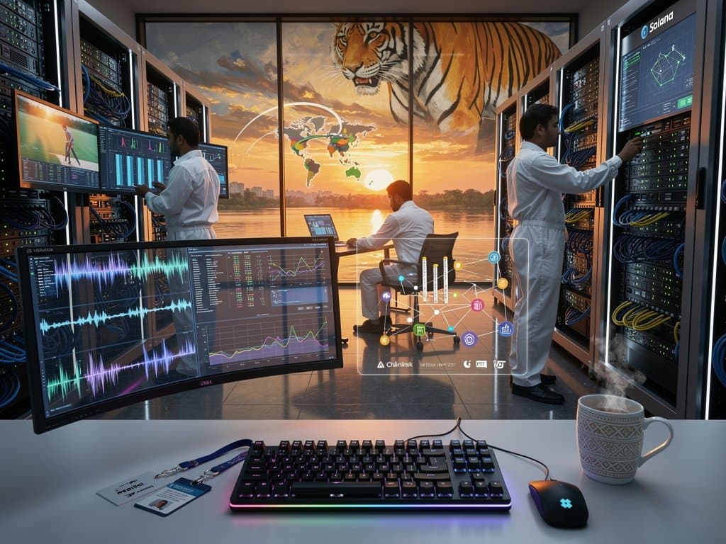 Engineers analyze deepfake detection on multi-monitors amid server racks in a high-tech data center for sports integrity