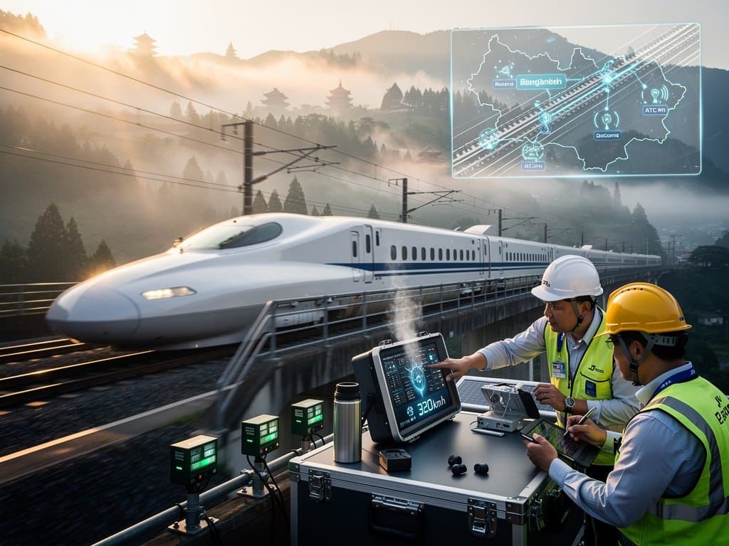 Shinkansen bullet train at high speed with Bangladesh rail map overlay