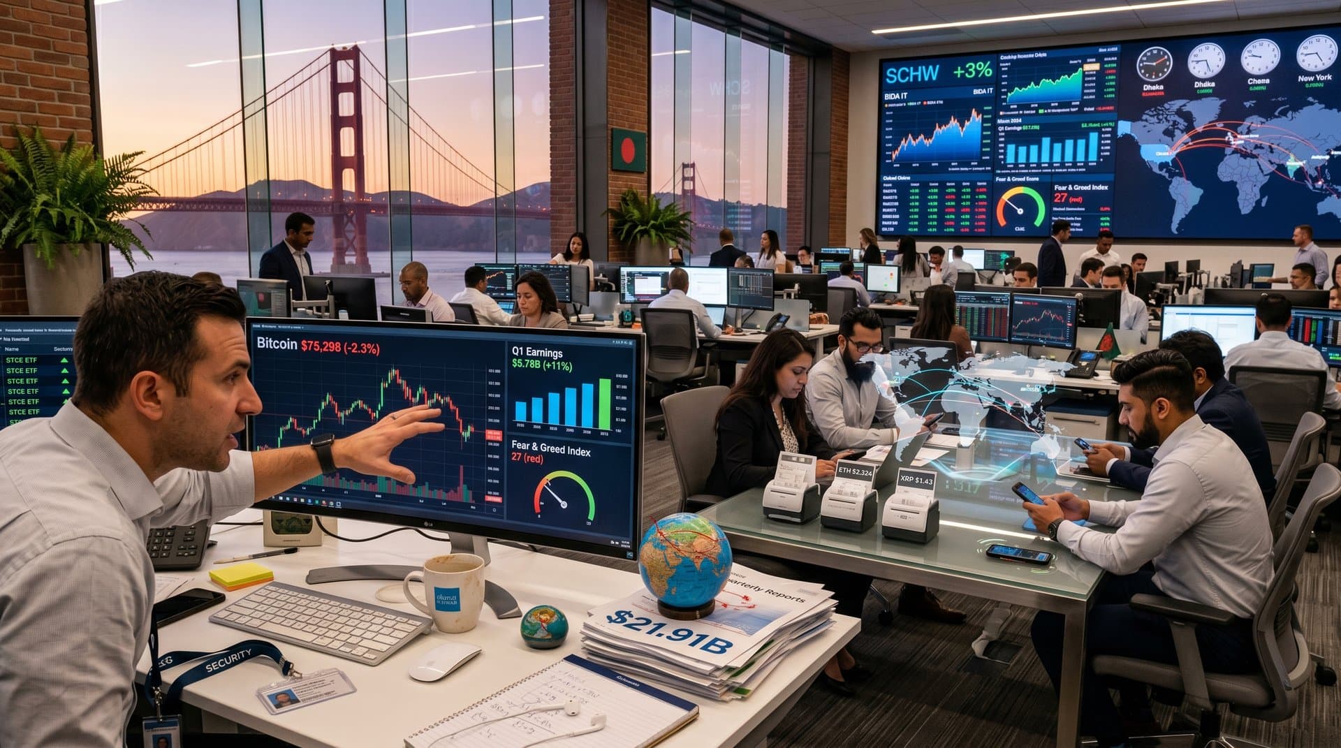 Traders at walnut desks with Bloomberg terminals and crypto charts on multi-monitors in Schwab's high-tech trading floor