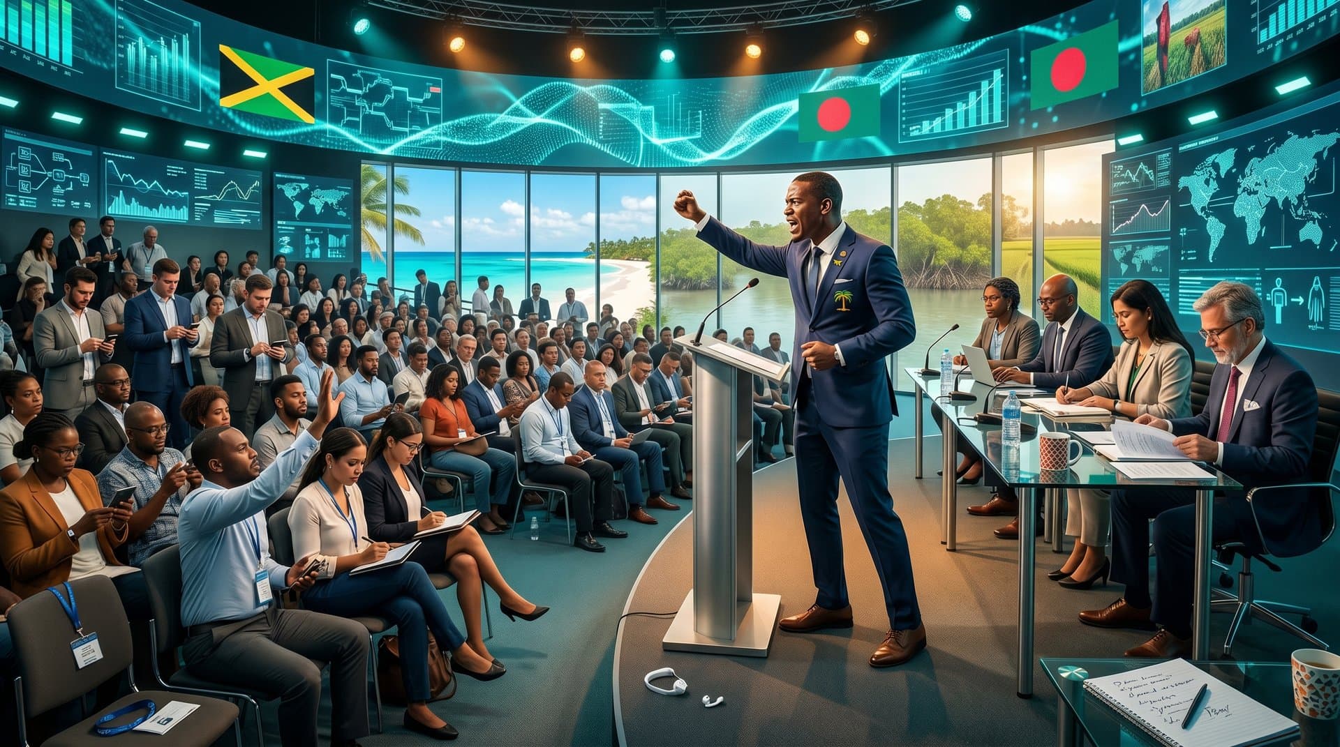 AI governance discussion panel featuring global maps, tech screens, and professional audience in conference setting