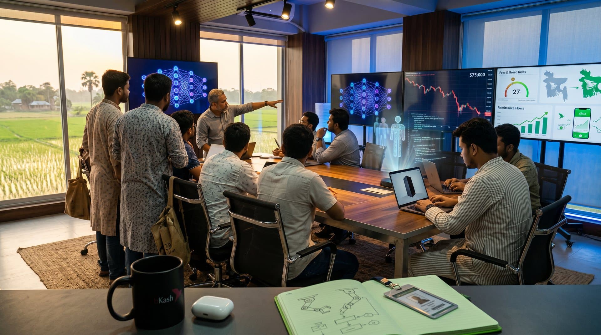 Jessore tech hub developers analyze Kubrick AI ethics and Pinocchio holograms with crypto charts on screens overlooking Bangladesh landscapes