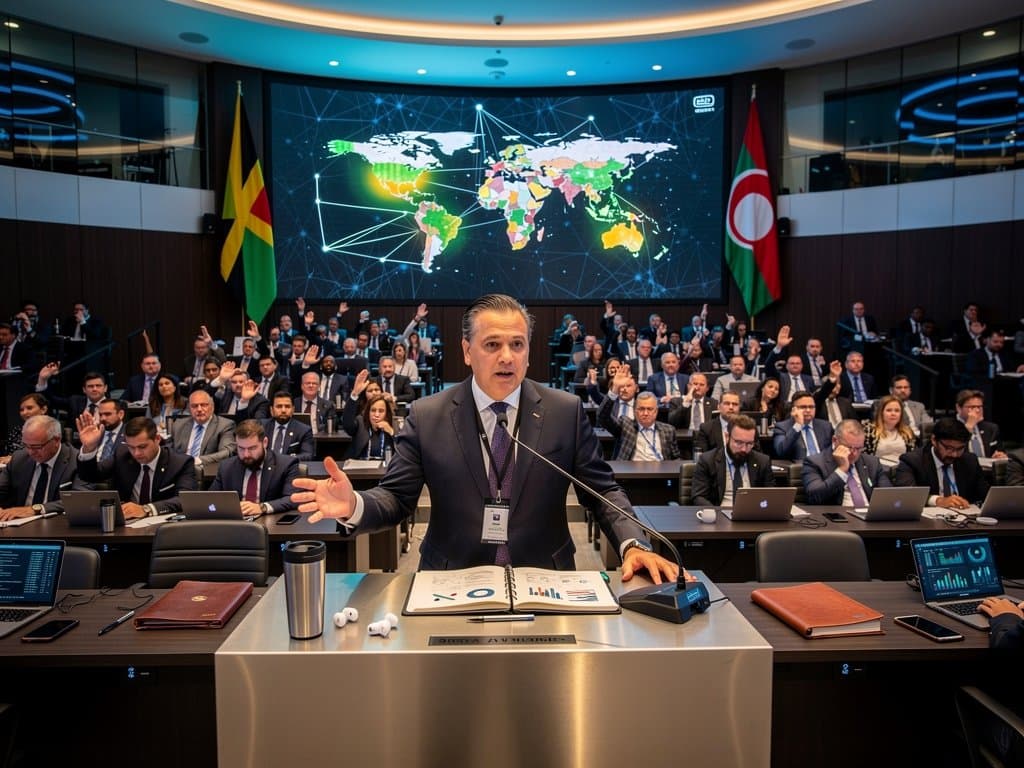 AI governance conference scene with neural network screen, podium, flags of Jamaica and Bangladesh, and crypto charts on terminals