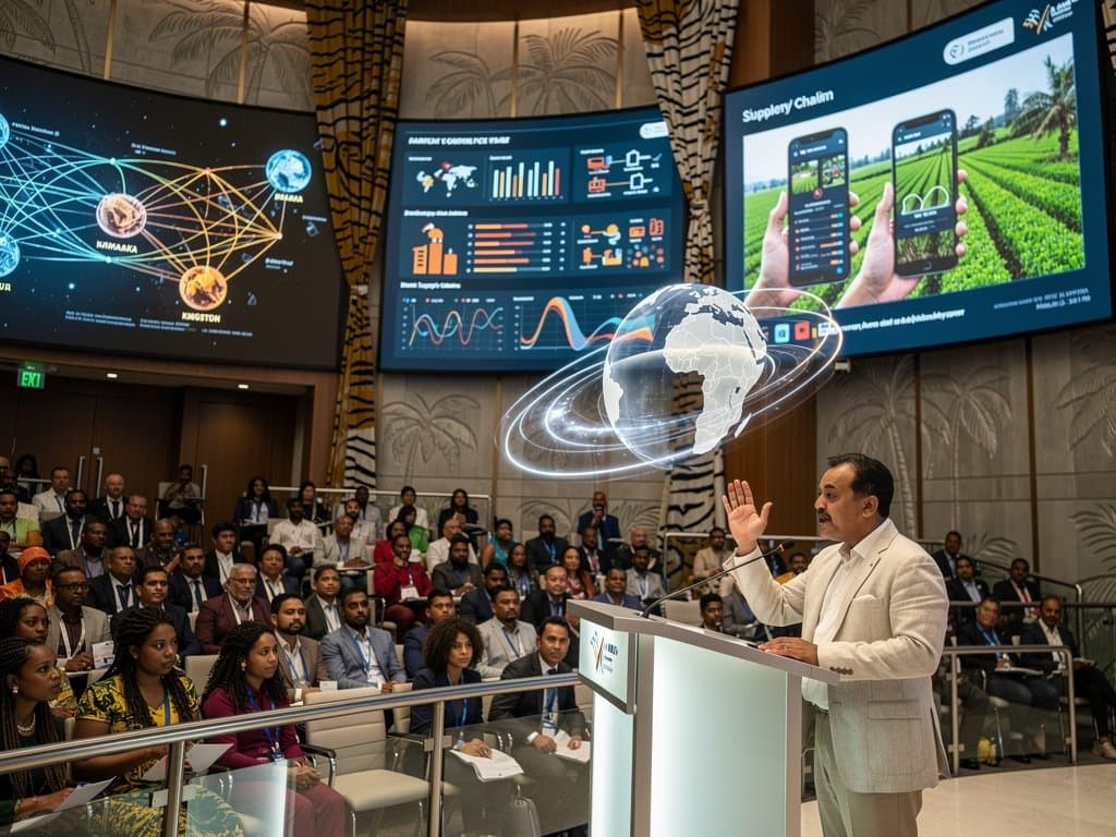 Abstract AI governance conference blending Jamaica and Bangladesh elements with remittance data flows and fintech dashboards