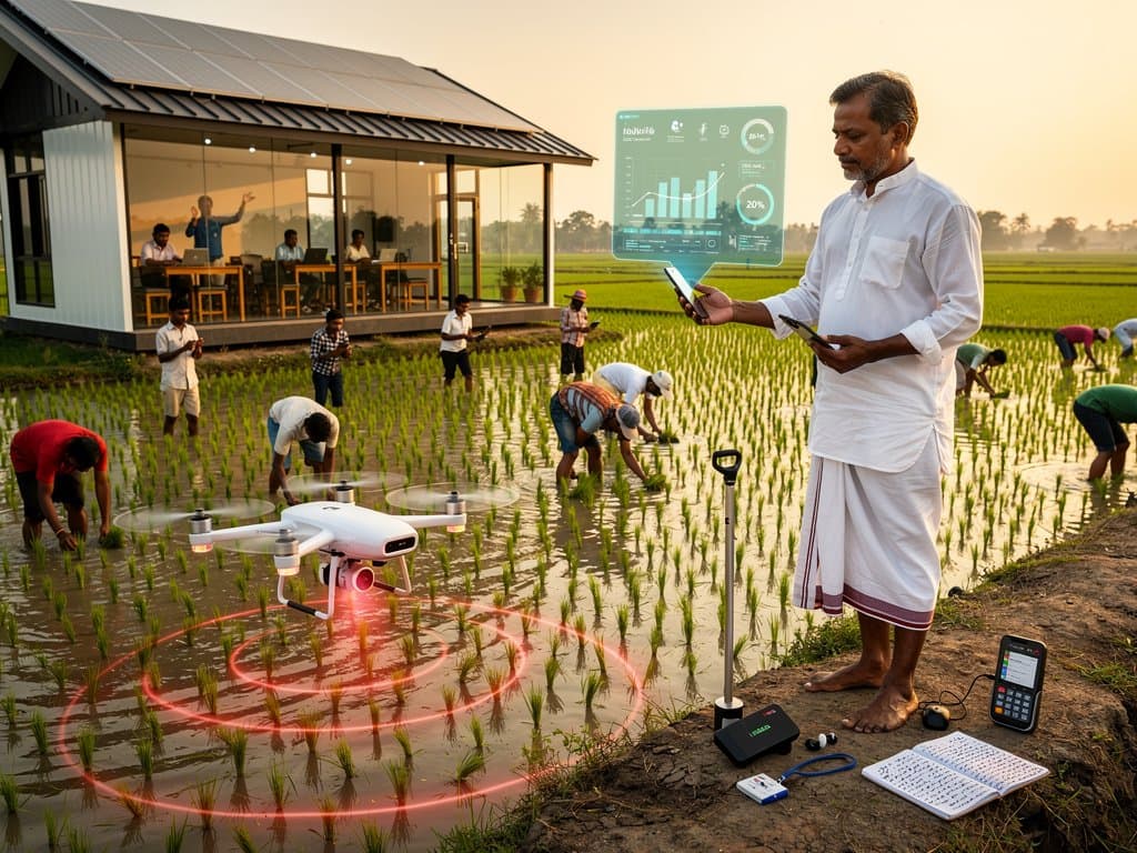 Jessore farmer uses DeepMind AI intelligence vision app over paddy fields with drone and rural tech hub