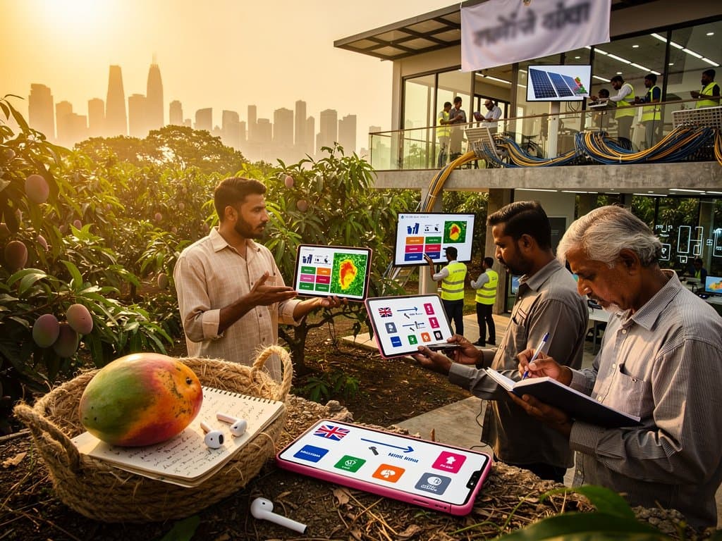 Rural Jessore tech hub with AI crop analysis tablets, blockchain remittances, Digital Bangladesh innovation scene