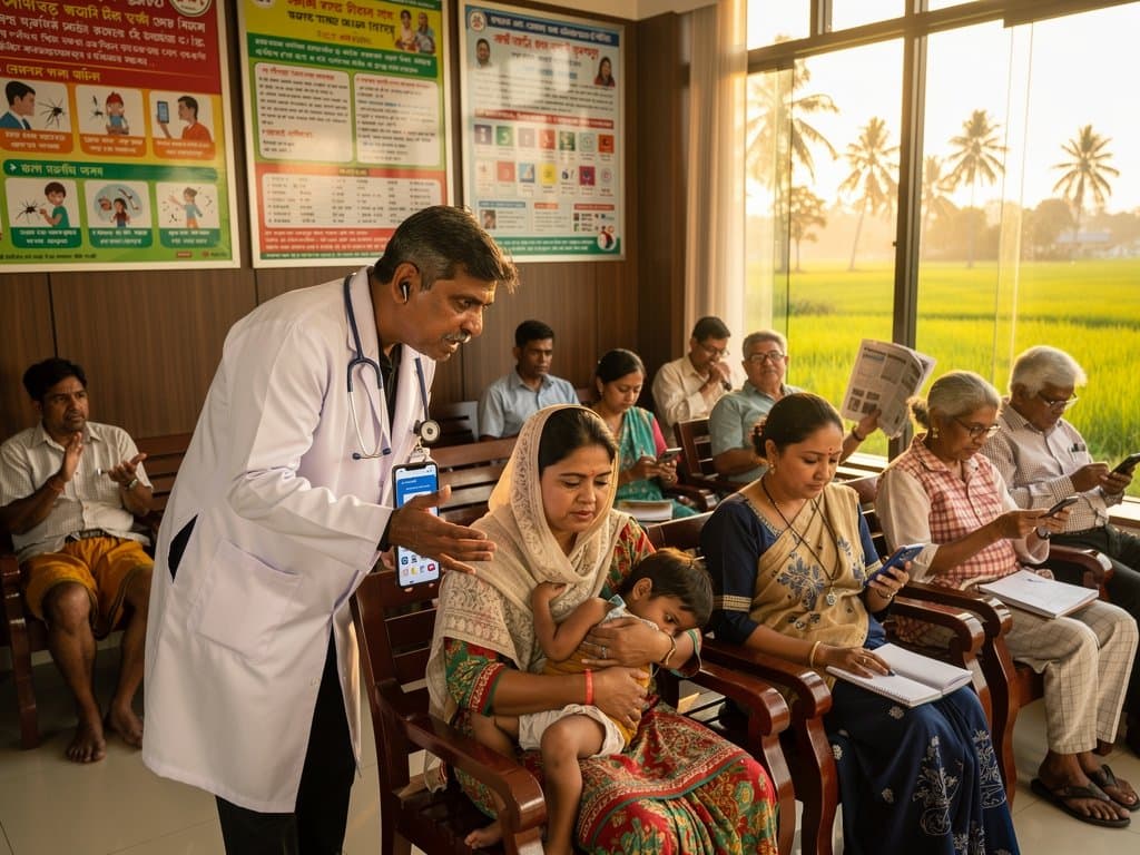 Jessore doctor warns patient against AI health app on smartphone in rural Bangladesh clinic with digital health posters