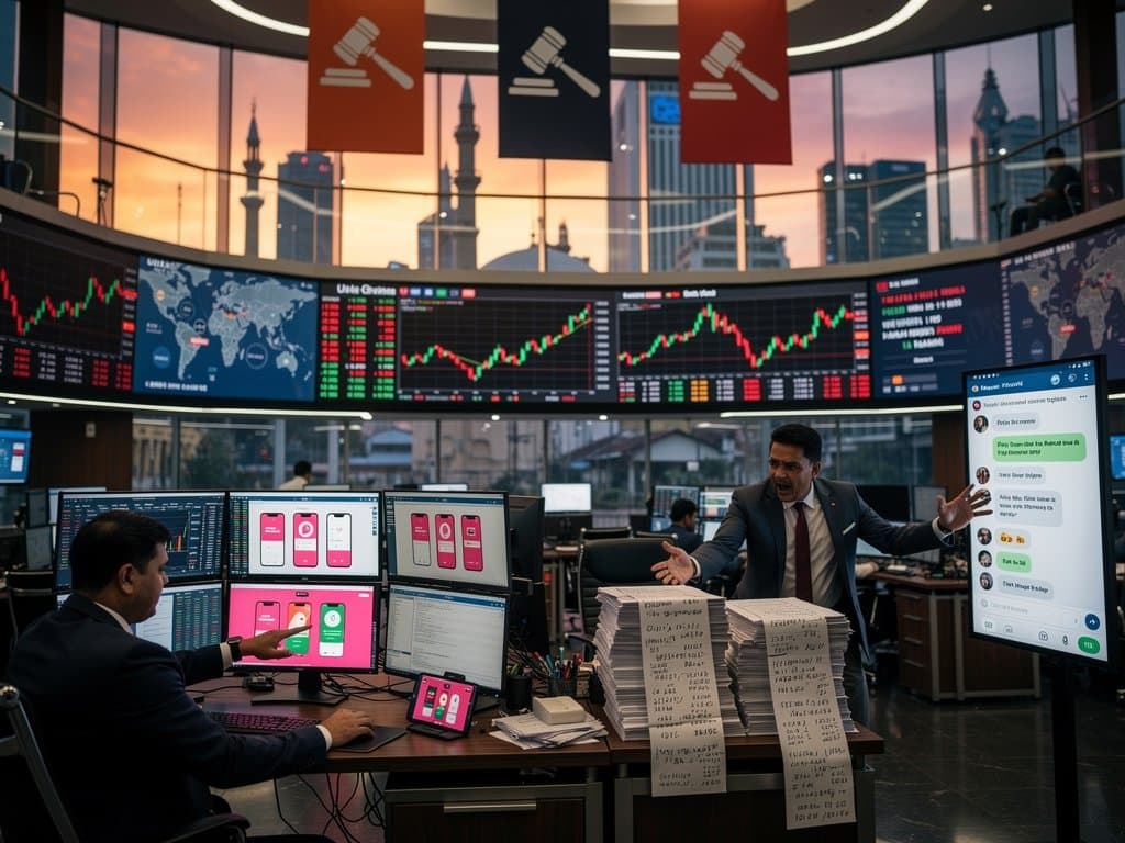 Trading floor analysts review declining FLOW crypto charts and class action alerts amid city skyline