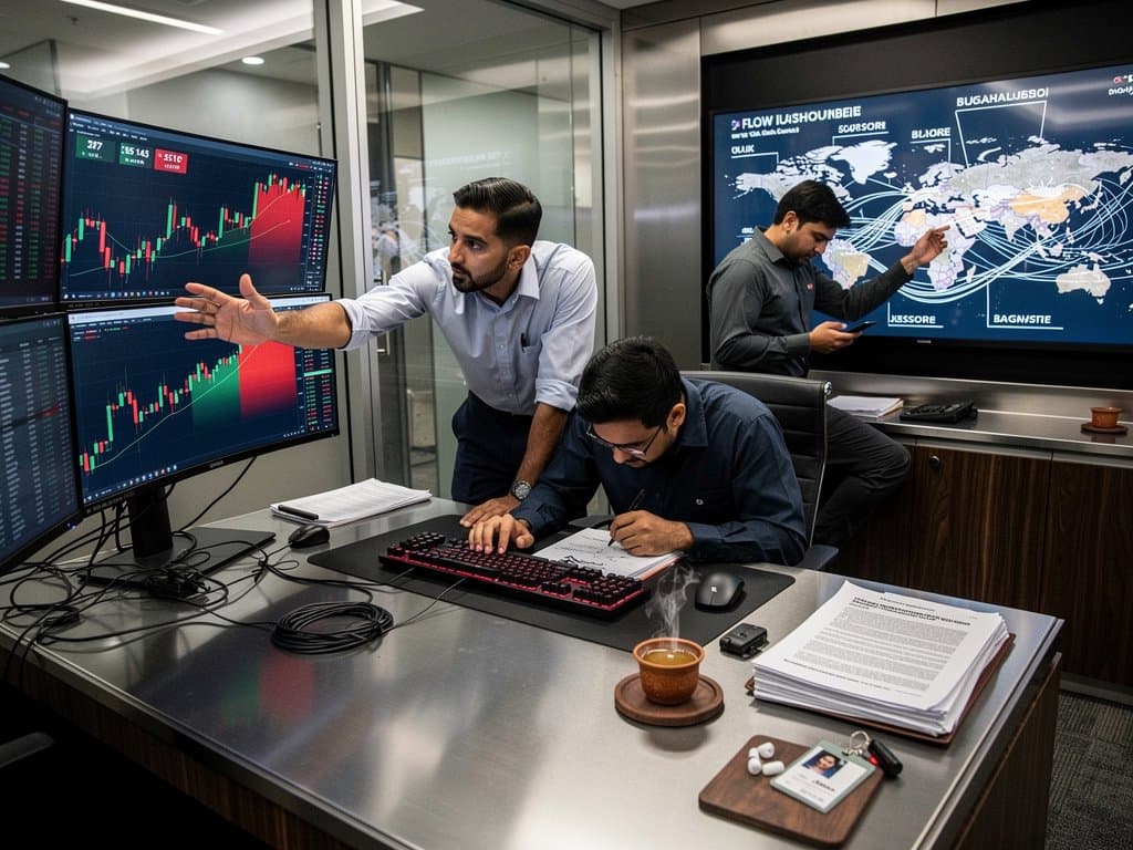 Trading screens show FLOW crypto class action alerts, Fear Index at 27, and market declines