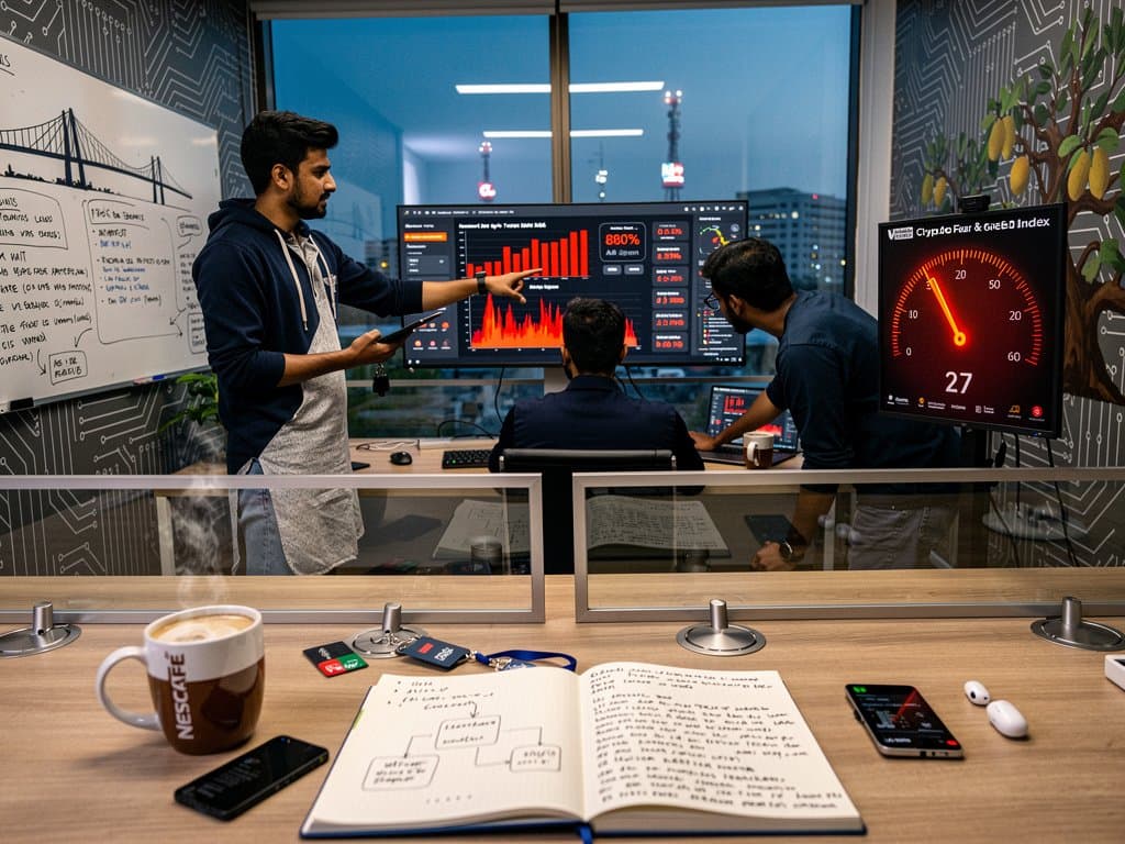 Jessore tech developers track AI token waste graphs and crypto Fear Index in modern office overlooking Padma Bridge