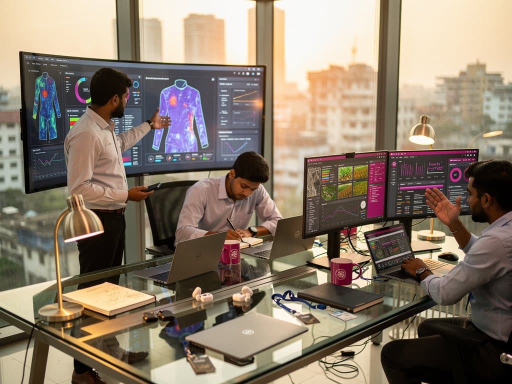 Dhaka developers analyze AI models for Bangladesh agriculture and garments on multi-monitors in modern tech hub