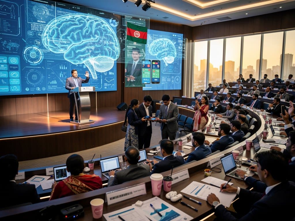 Conference at Southeastern University Dhaka: AI healthcare experts present diagnostics on screens amid networking professionals and Bangladesh flags