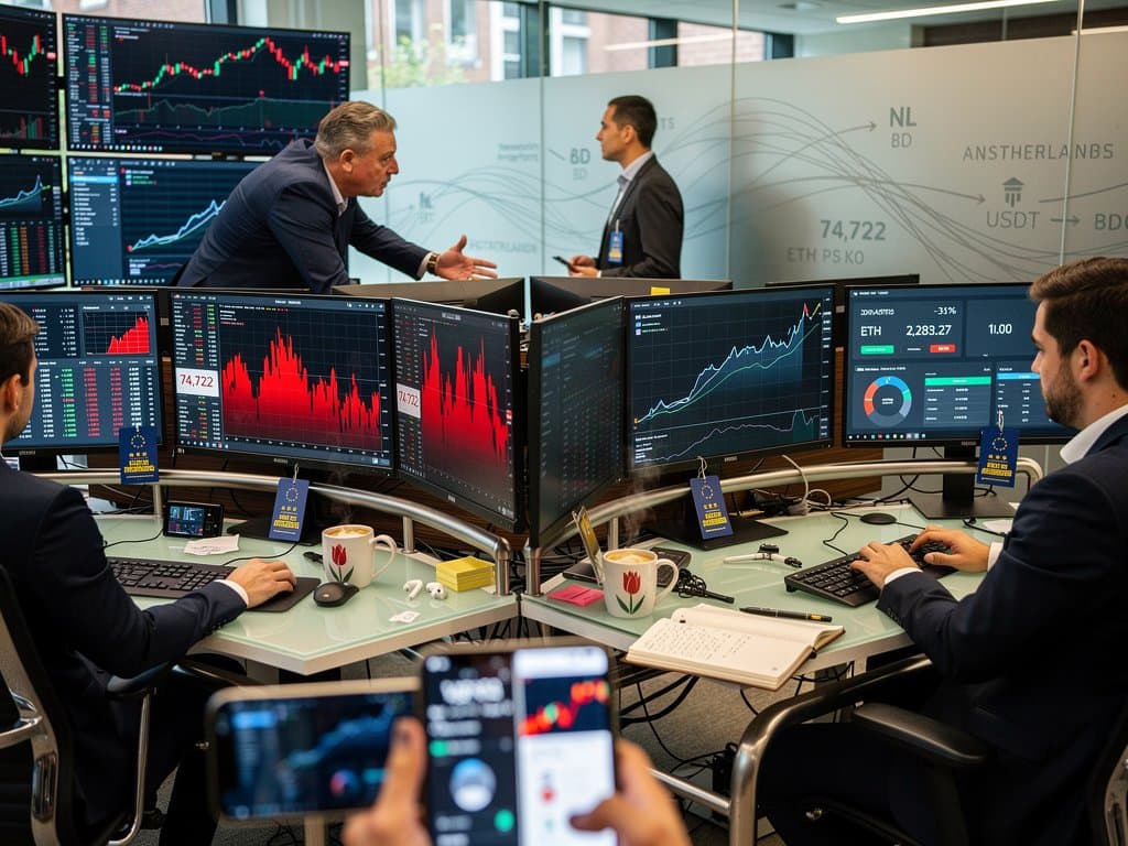 Modern trading floor with crypto charts on Bloomberg terminals, MiCA icons, and digital tickers in Amsterdam-style office