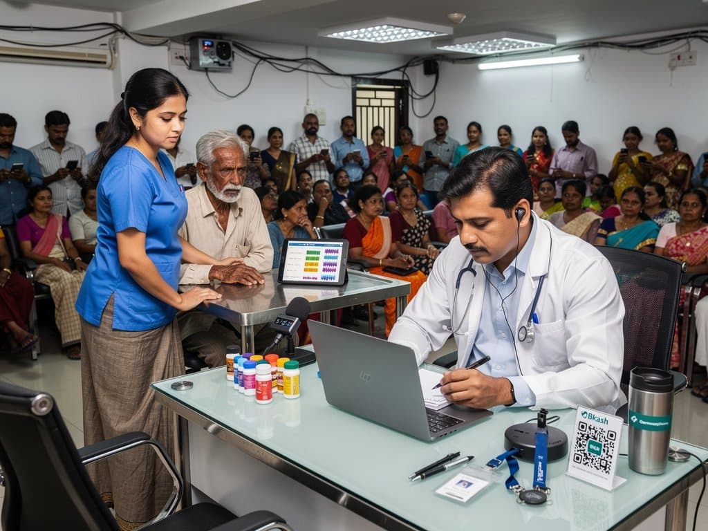 Jessore clinic doctor reviews AI scribe notes on laptop amid patient consultations and rural backdrop