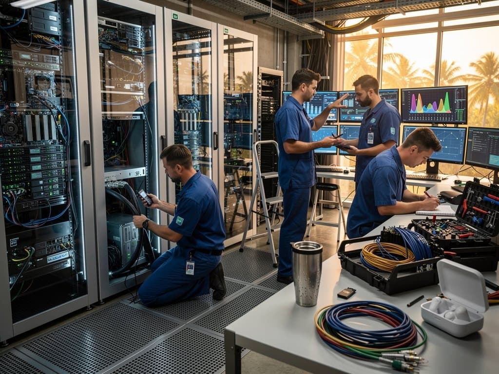 Server racks with Nvidia GPUs and Micron memory in a high-tech data center, cables and monitors active