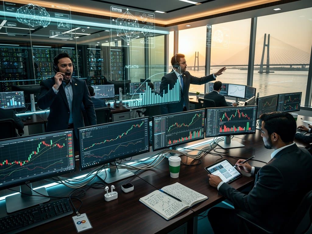 Futuristic trading floor displaying AI stock charts for NVIDIA and Microsoft with Bangladesh tech elements