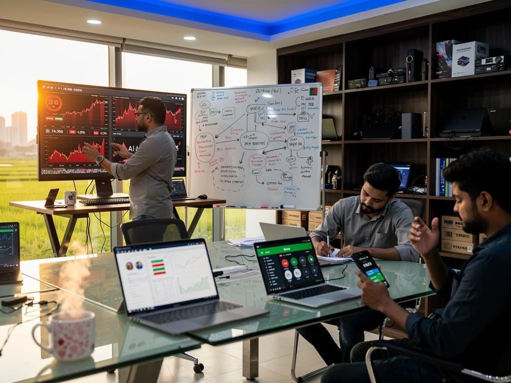 Jessore developers review US AI fraud news and falling crypto charts in co-working space with bKash and remittance maps