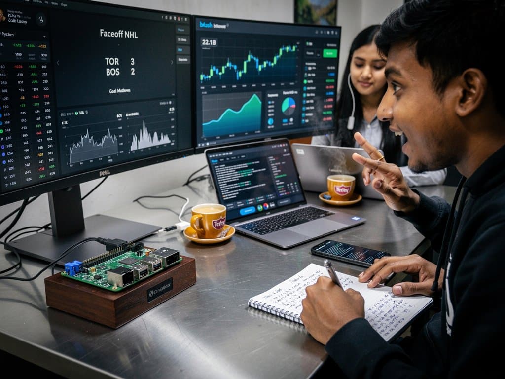 Trading desk with Faceoff NHL tracker TUI and crypto charts on monitors amid high-tech finance environment