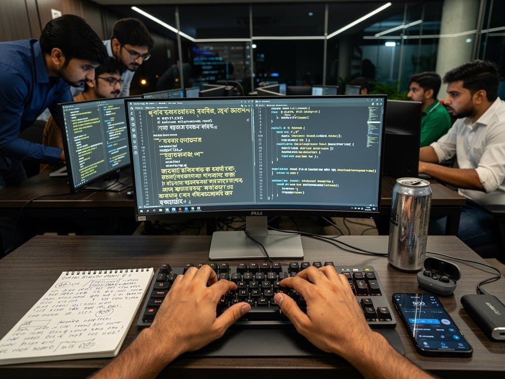 Jessore developers review Claude Opus 4.7 prompts on monitors with Bangla code, crypto charts, and local maps in bustling tech hub