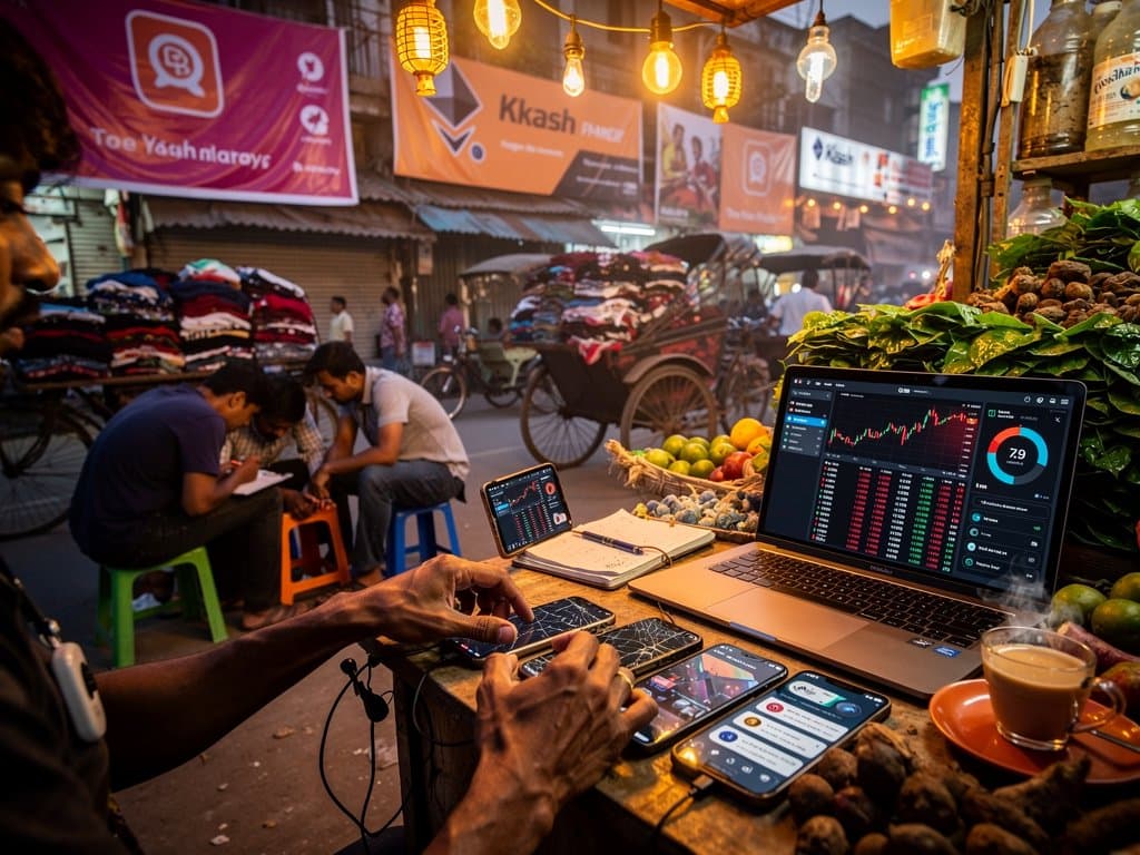 Jessore traders monitor Kelp DAO hack fallout on phones amid market bustle and crypto charts