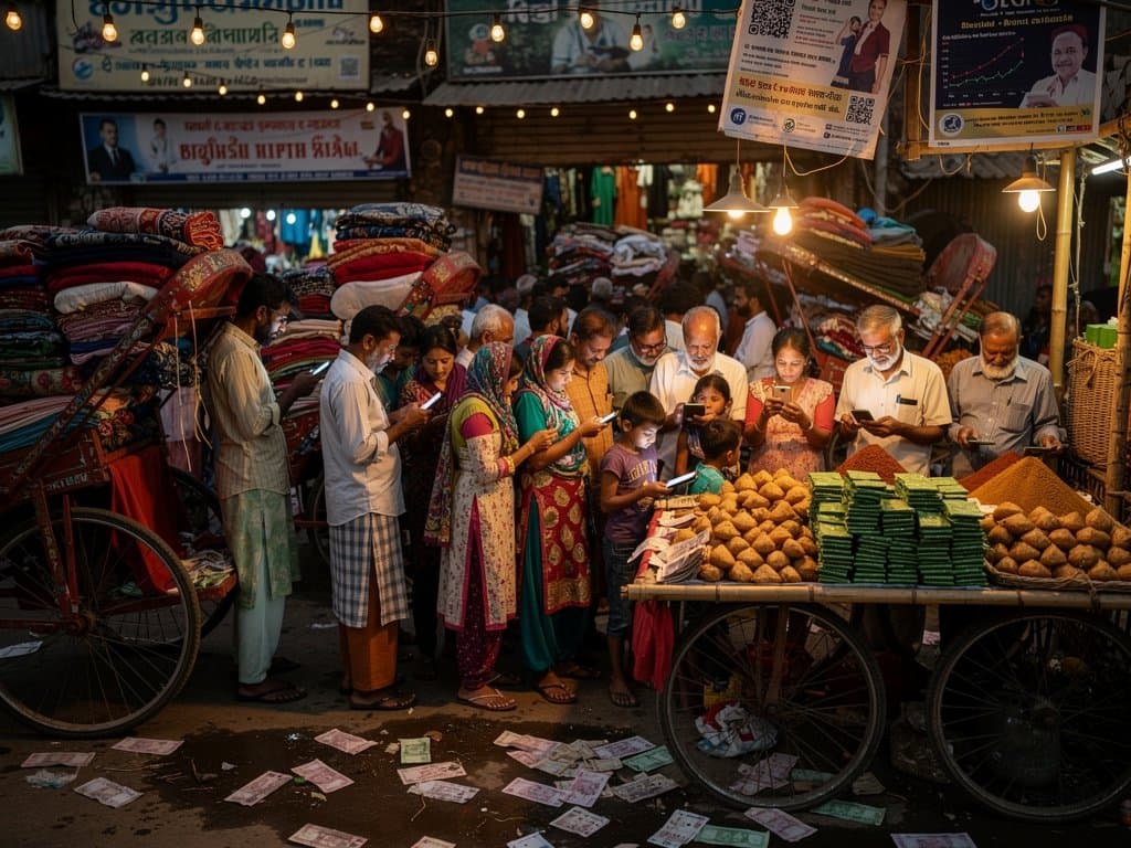 Jessore market scene with families checking Bitcoin under $80K price at $74,740 and crypto apps amid remittance activity