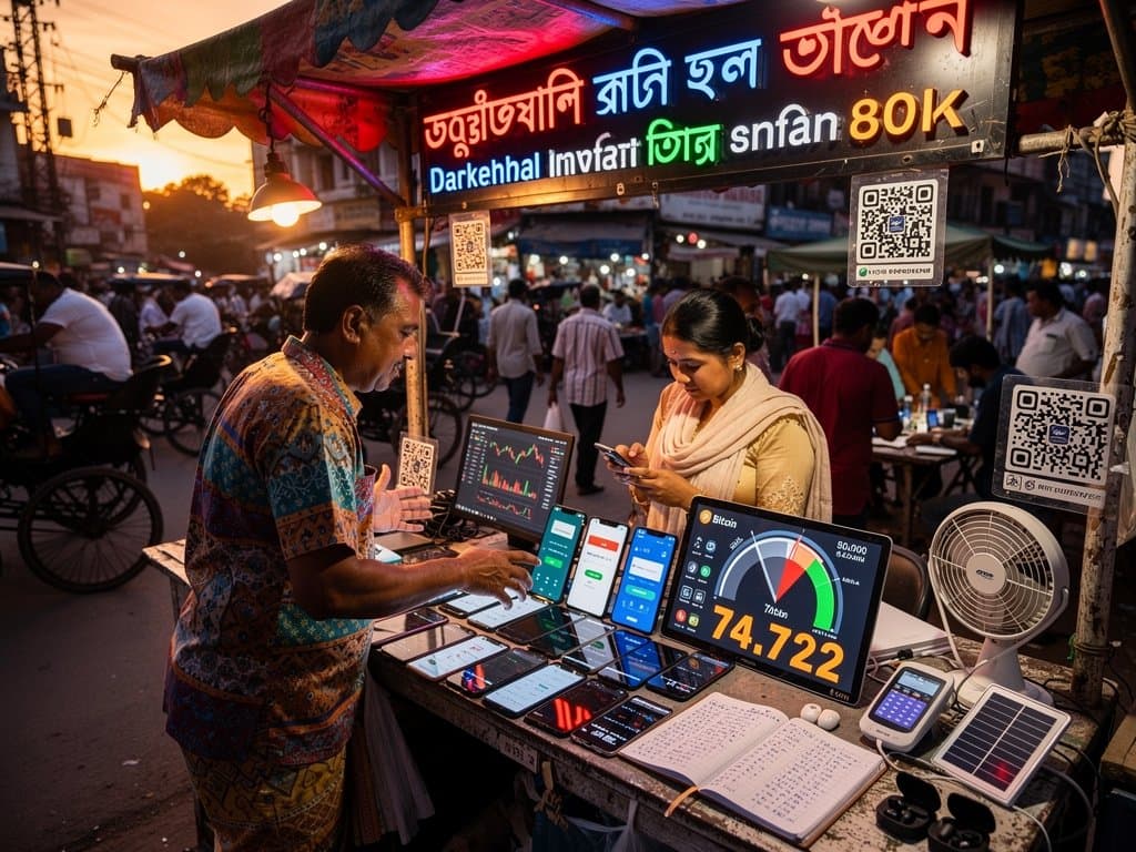 Jessore market scene with locals viewing Bitcoin under $80K at $74,722 and Fear & Greed 29 on phones amid remittance apps and street life