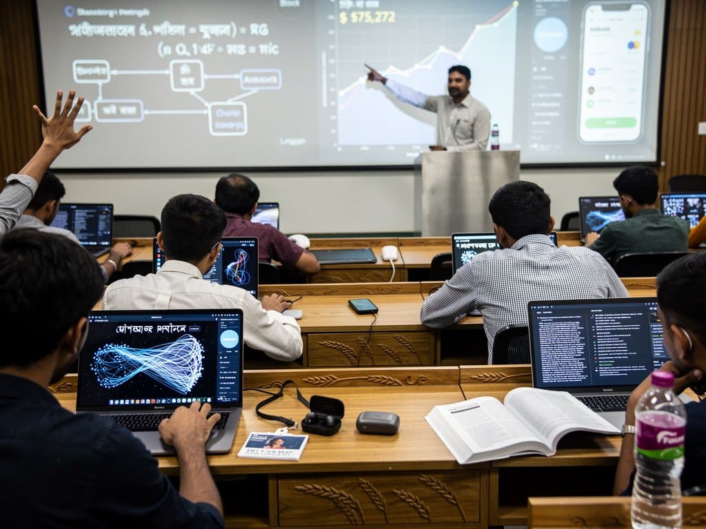 Students in Jessore university develop AI models with crypto charts and rural Bangladesh backdrop