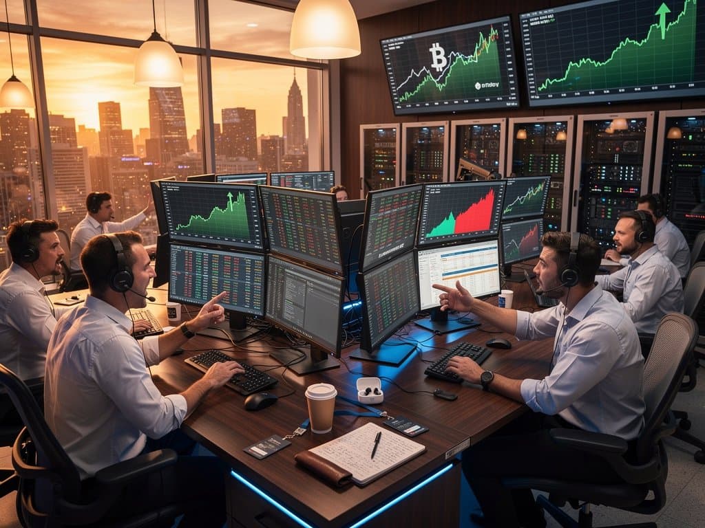 Trading floor screens show crypto prices and CLARITY Act charts amid sleek desks and city skyline view