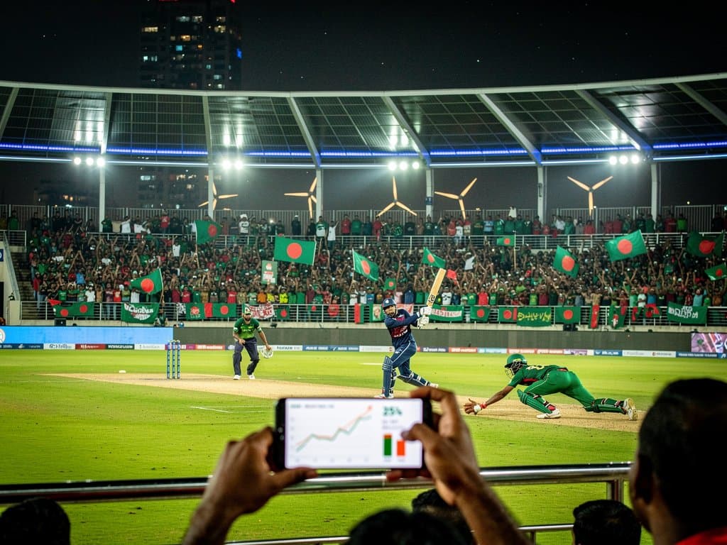 Solar-powered Jessore Stadium hosts night cricket match with gleaming panels and tech displays amid cheering crowd