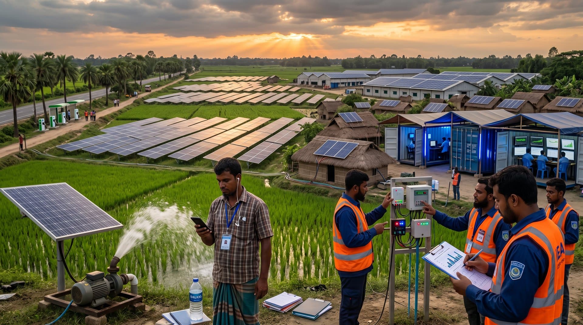Solar panels in Jessore fields with AI neural networks and IEA data visualizations overlay, futuristic tech-rural blend