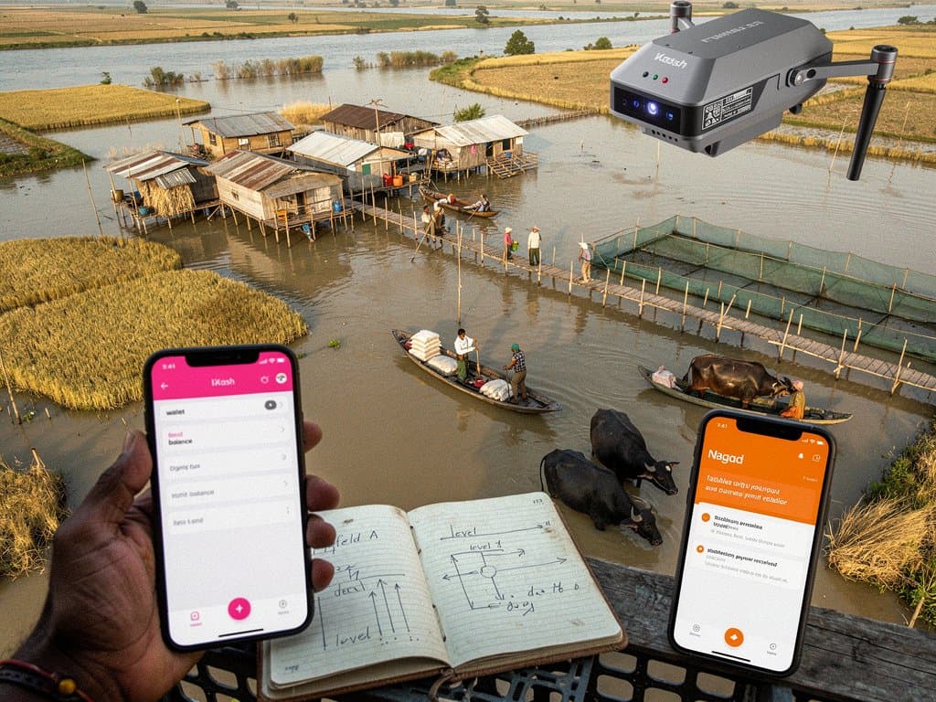 Satellite view of Jessore floods with AI heatmaps and blockchain payout overlays on digital dashboard