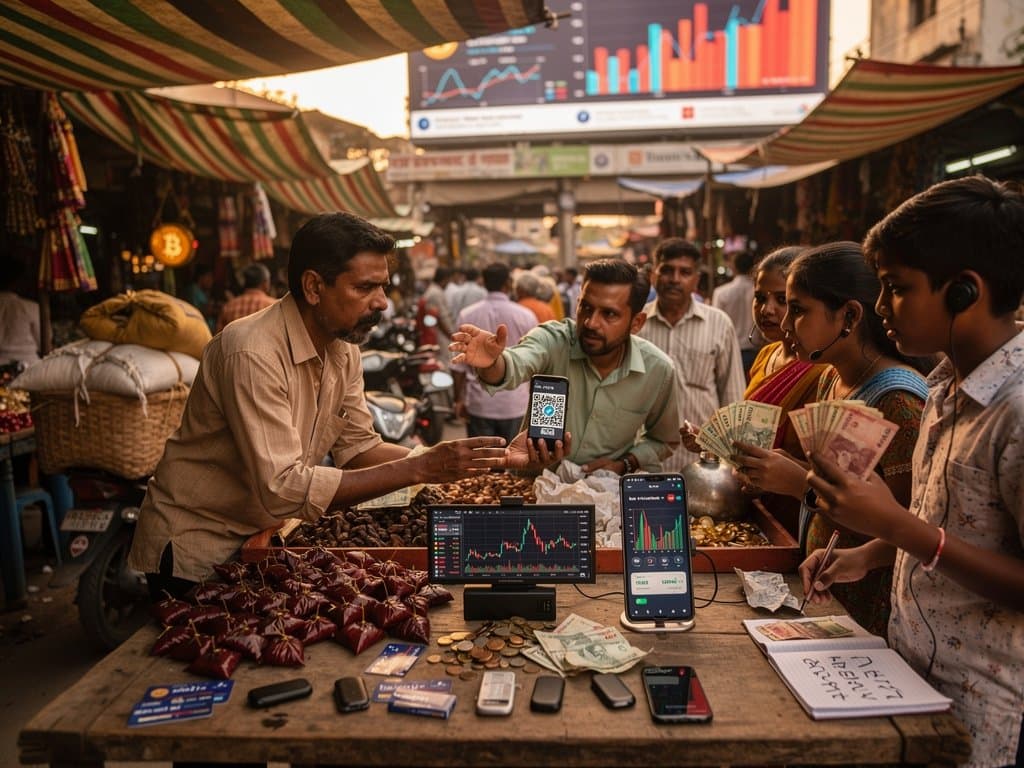Jessore remittance market with families viewing XRP prices on phones amid blockchain overlays and local economy vibes