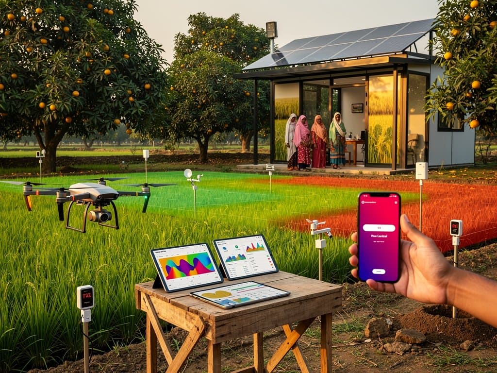 AI heatmaps over Jessore rice paddies and mango orchards with sensor devices and mobile apps