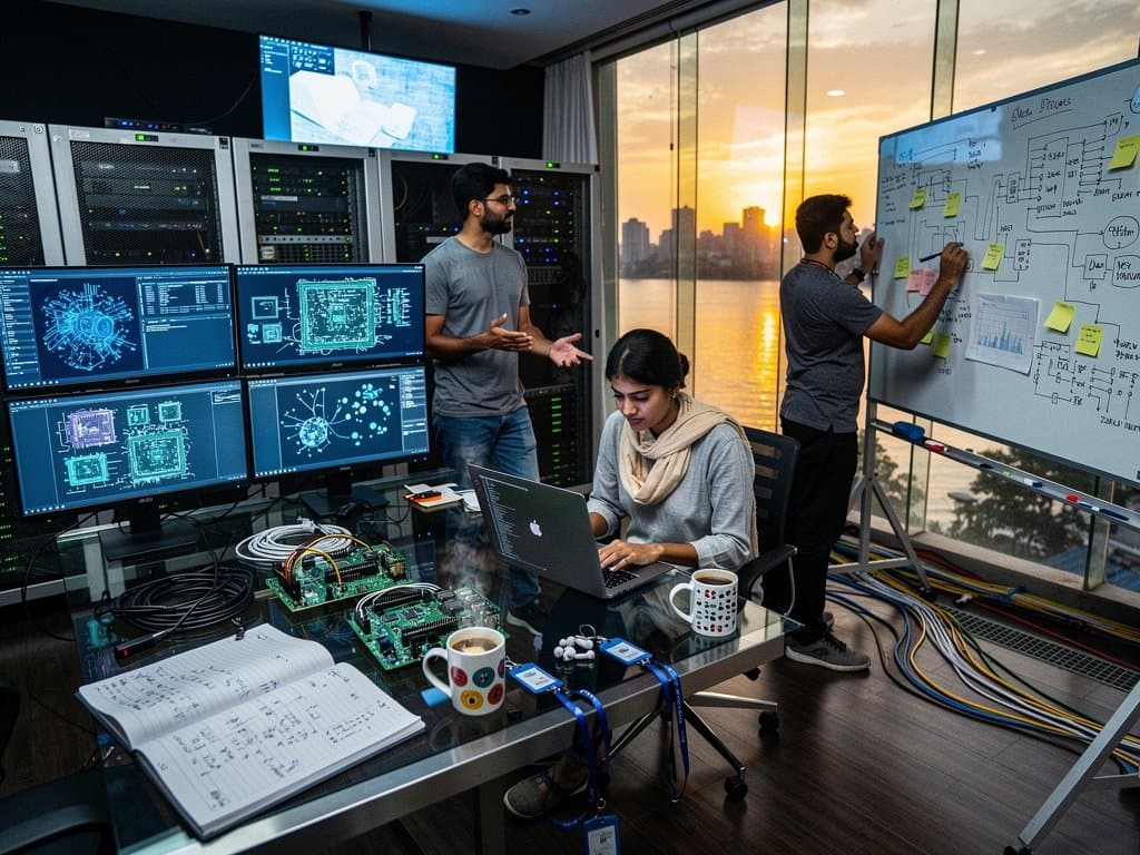 Dhaka engineers collaborate on AI chip designs in modern tech office with monitors, prototypes, and city skyline view