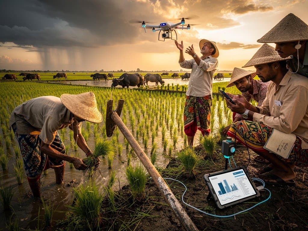 AI heatmaps on Jessore rice fields with BTC charts, bKash, drone tech elements