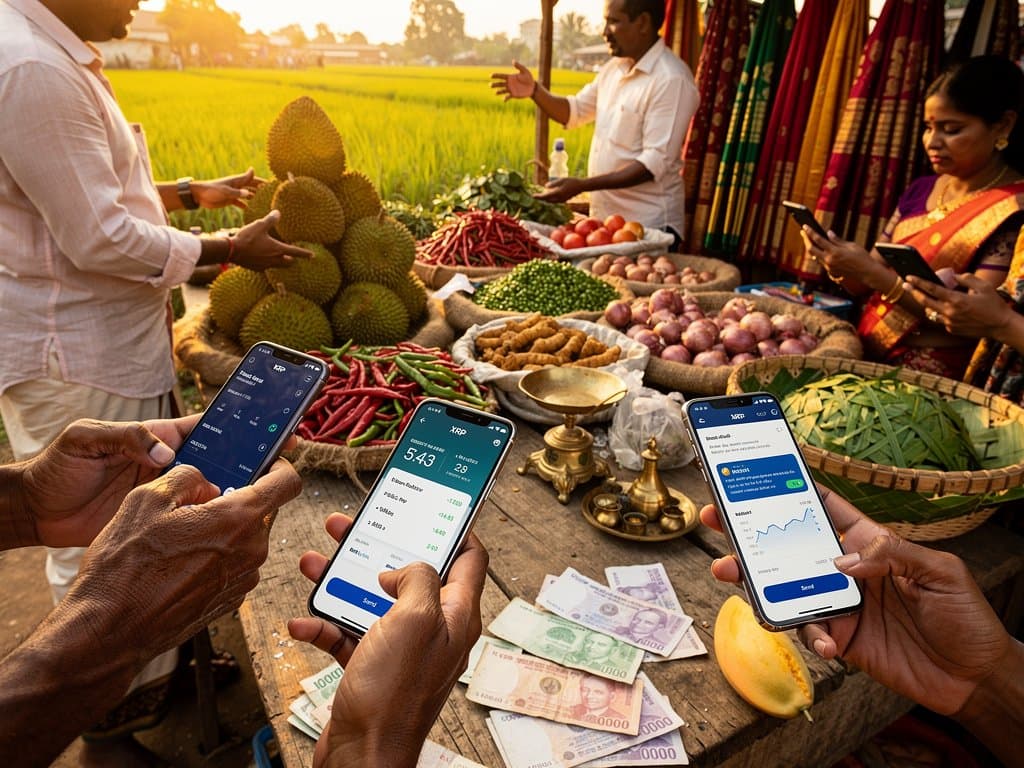 Smartphones in Jessore market show XRP remittances at $1.43 charts, Fear & Greed 29, amid remittance apps and rural Bangladesh scenery