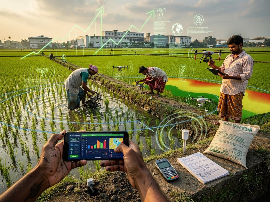 AI precision agriculture overlays on Jessore rice fields with BTC charts and remittance graphs